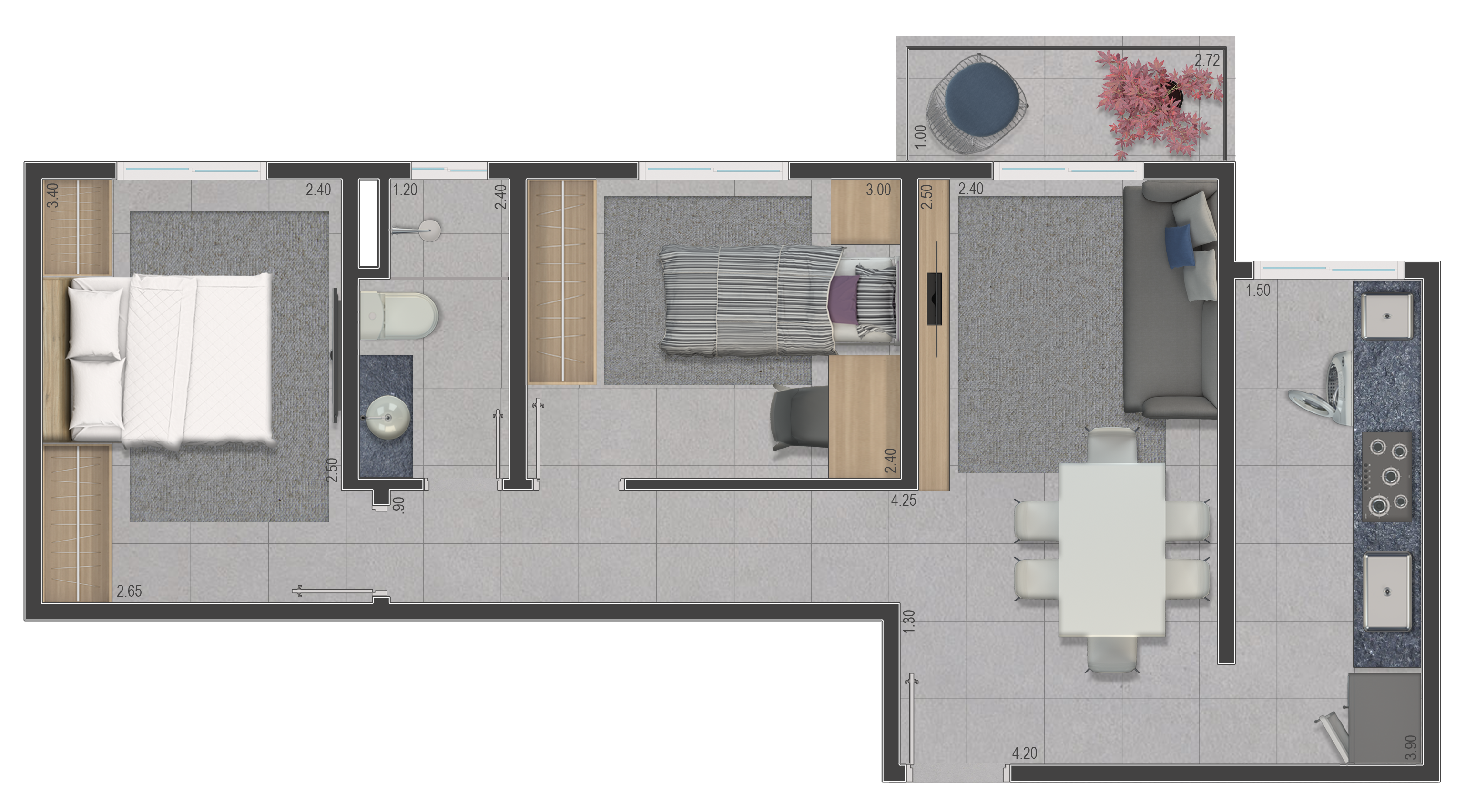 Planta 45m² - 2 Dormitórios